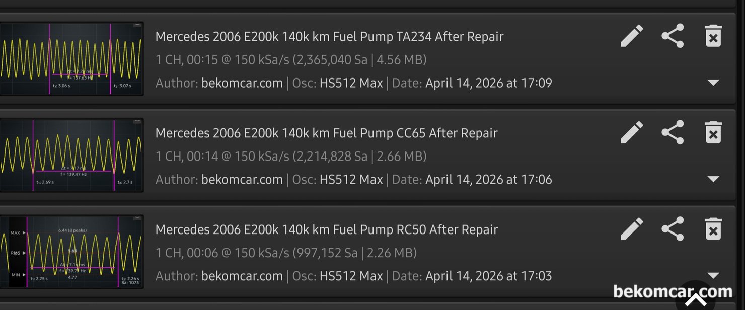 ROTKEE RC50, 피코 TA234 & 한텍 CC65 전류계 비교데이터 (E200K 연료펌프파형), W211 E200K 연료펌프 교환후 전류계 측정후 저장된 파일이다. 연료펌프 비교데이터 측정환경은 HS512Max 스코프, 샘플링 150kSa/S, 측정시간은 2026.4.14 17:03~17:09까지 ROTKEE RC50, PICO TA234 & HANTEK CC65를 사용하여 측정했다. 최대한 똑 같은 환경에서 측정하고자 했다. 유일한 변수는 ROTKEE RC-50은 배터리 전압을 사용하였고, PICO TA234 와 HANTEK CC65는 자체 내장 배터리를 사용했다. 물론 둘 다 초록색 배터리 상태 확인후 측정했다.|베콤카 차량정밀진단