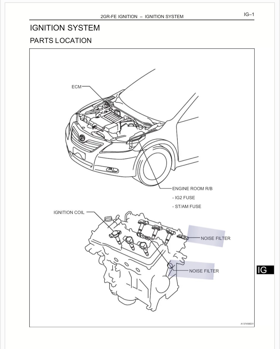 토요타 렉서스 대부분 V6엔진 2GR-FE 노이즈필터 구조, 토요타 렉서스 대표적인 V6 엔진으로, 시에나, RX, ES, 아발론등 대부분의 V6에 사용되는 노이즈 필터 이다. 뱅크1 & 뱅크2 에 각 각 하나씩 총 2개가 있다. 노이즈 필터는 모든 2GR-FE 엔진에 있는것은 아닌것 같다.
Drawing Credit: Toyota Motor Corporation|bekomcar.com