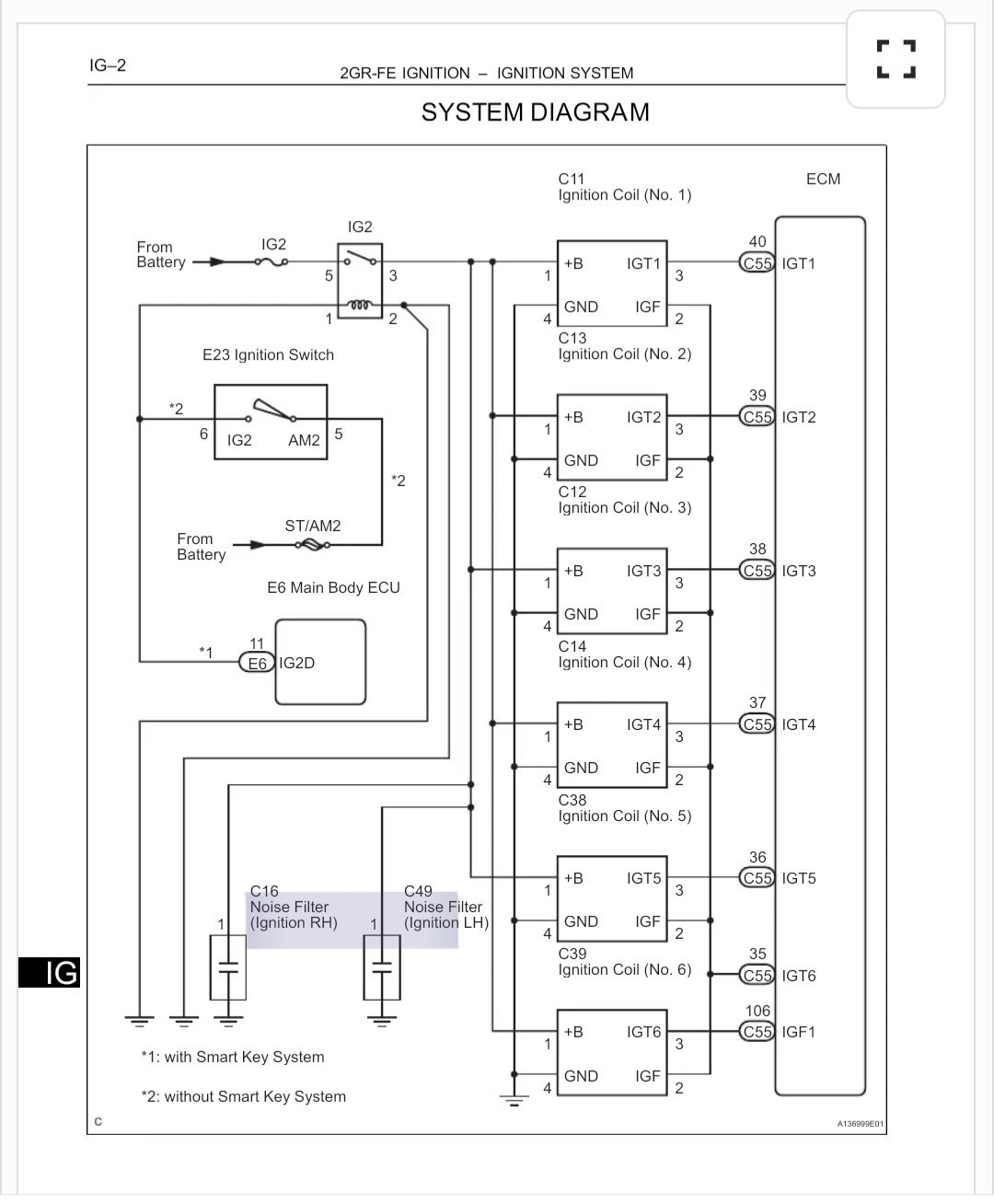 토요타 렉서스 대부분 V6엔진 2GR-FE 노이즈필터 구조, 토요타 렉서스 대표적인 V6 엔진으로, 시에나, RX, ES, 아발론등 대부분의 V6에 사용되는 2GR-FE 점화시스템 회로도이다. 6개 점화코일이 2개의 노이즈 필터에 연결되어 있는것이 확인된다. 
Drawing Credit: Toyota Motor Corporation|bekomcar.com