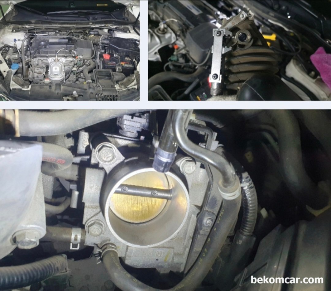 혼다어코드 2015 'P2101 ETCS 쓰로틀바디 제어시스템 기능불량' 진단 및 정비사례, 혼다어코드 2015, 'P2101 ETCS 쓰로틀바디 제어시스템 기능불량' 고장코드 관련 쓰로틀바디 크리닝 과정이다. 에어호스 클램프 하나는 쉽게 찢어지기 때문에 주의해서 탈거한다. 베콤카는 클램프 특수 공구를 사용한다.|bekomcar.com