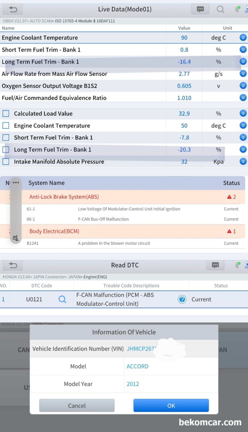 혼다 어코드 8세대 2.4L 중고차 검수과정 요약기록, 베콤카 방식, 혼다 어코드 8세대 2.4L 중고차 검수과정 요약기록, 장기연료보정값이 -16 ~ -20%까지 측정된다. 매우 우려스럽다.  ABS 고장코드 dpe ㅕ0121 F-CAN 통신 고장코드 등 전기전자 측면에서 부담스러운 상태이다. 사실 정비비용이 수백만원이 예상되며 특히 F-CAN 통신 고장코드 역시 부담스럽다.|베콤카 차량정밀진단