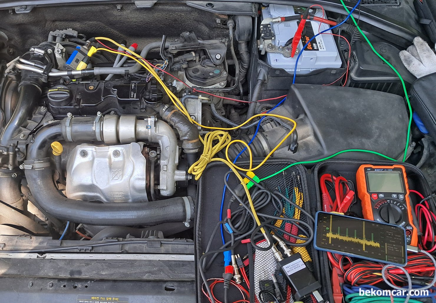 메뉴얼의 중요성, Volvo S80 P3 D2 (1.6디젤, D4162T), Volvo S80 P3 D2 (1.6디젤, D4162T) 인젝터 전류 및 전압 과 ECM 시그널 측정시 #1번 실린더에 싱크해서 측정한다. 이때 볼보 S80 P3 D2 인젝터는 피에조 인젝터에 그라운드 풀 다운 펄스제어 이기 때문에 파형분석시 참고한다. 이것 깜박하고 놓치면 파형 분석시 해갈릴 수 있기때문이다.|bekomcar.com