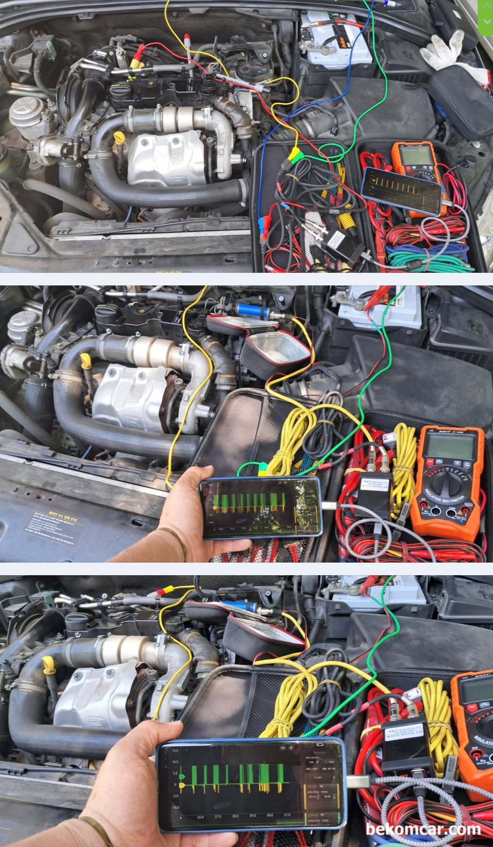볼보 S80 P3 D2 1.6디젤 3번 인젝터 실화 P126300 및 ABS 고장코드 점검기록, 볼보 2015년 S80 P3 D2 차량 진단 과정으로, HS512Max 스코프와 ROTKEE VS 인젝터 진동센서, 피에조 펄스센서 등을 활용하여 데이터를 수집하여 고장상태를 진단한다.|贝科姆汽车 (bekomcar)