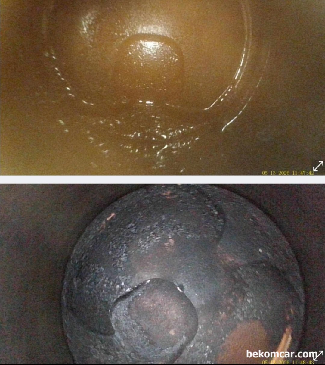 실린더 내시경 검사결과, 예상치 못한 엔진오일 범벅된 상태, 엔진오일 유입이 심한 #2번 실린더와 다른 실린더 비교 내시경 사진이다. 확연한 차이가 있다. 특히 직분사 엔진의 경우 카본은 엔진 건강을 해치는 주범이다. 특히 밸브와 인젝터 그리고 흡기에 카본이 덕지 덕지 눌러붙어 출력저하등 온갓 고장의 이유가 되기도 한다. 중고차 구입후 점검차량은 2013년 혼다 어코드 9세대 2.4L 약 14만키로 주행했다.|bekomcar.com