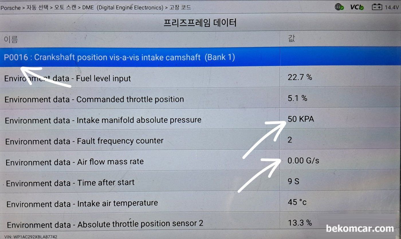 고장상황 데이터 (프리즈 프레임, Freeze Frame Data) 가 왜 중요한가요?, 고장상황 데이터를 잘 보면 여러자료중에서 고장코드 발생당시 시점이, 시동후 9초이내 발생하는 고장코드이다. 상당한 의미가 있는 내용이다.  P0016 뱅크1 크랭크 캠새프트 타이밍 고장코드 재 확인시 가능한 이 시간내에 확인해야 한다는 의미이기 때문이다.|ベコムカー (bekomcar)