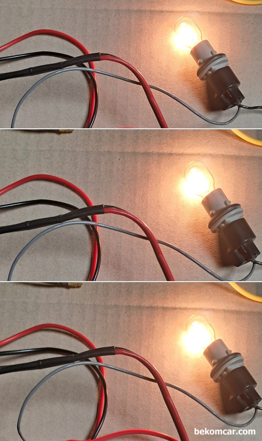 부하전압강하 (Loaded Voltage) 측정 중요성, 캔 통신 부터 모든 전기적 고장 진단 정비에 필수, 왼쪽부터 10.9V, 11.2V, 12.0V 전원 공급시 전구 밝기이다. 만약 12V 차량이라면 이슈가 되는 부하전압 강하이다. 테스트 라이트는 정밀진단시 오진가능성을 높여줄수 있다.|ベコムカー (bekomcar)