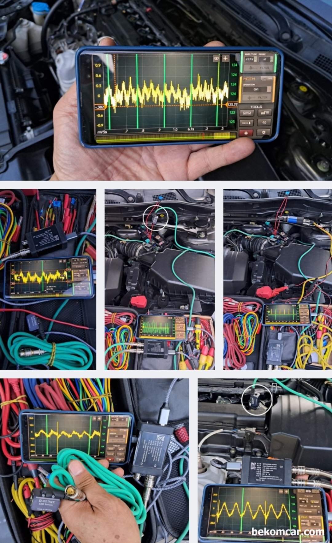 혼다 어코드9세대 다양한 진단방법 및 신제품 실험결과 기록, 혼다 어코드 9세대 2.4L DOHC 엔진, 진동센서, 압력센서 등 다양한 측정센서를 이용하여 오실로스코프 파형을 분석하는 과정이다. 승용차 트럭 요트 바이크 등 사실상 모든 엔진진단에 적용될 수 있다.|ベコムカー (bekomcar)