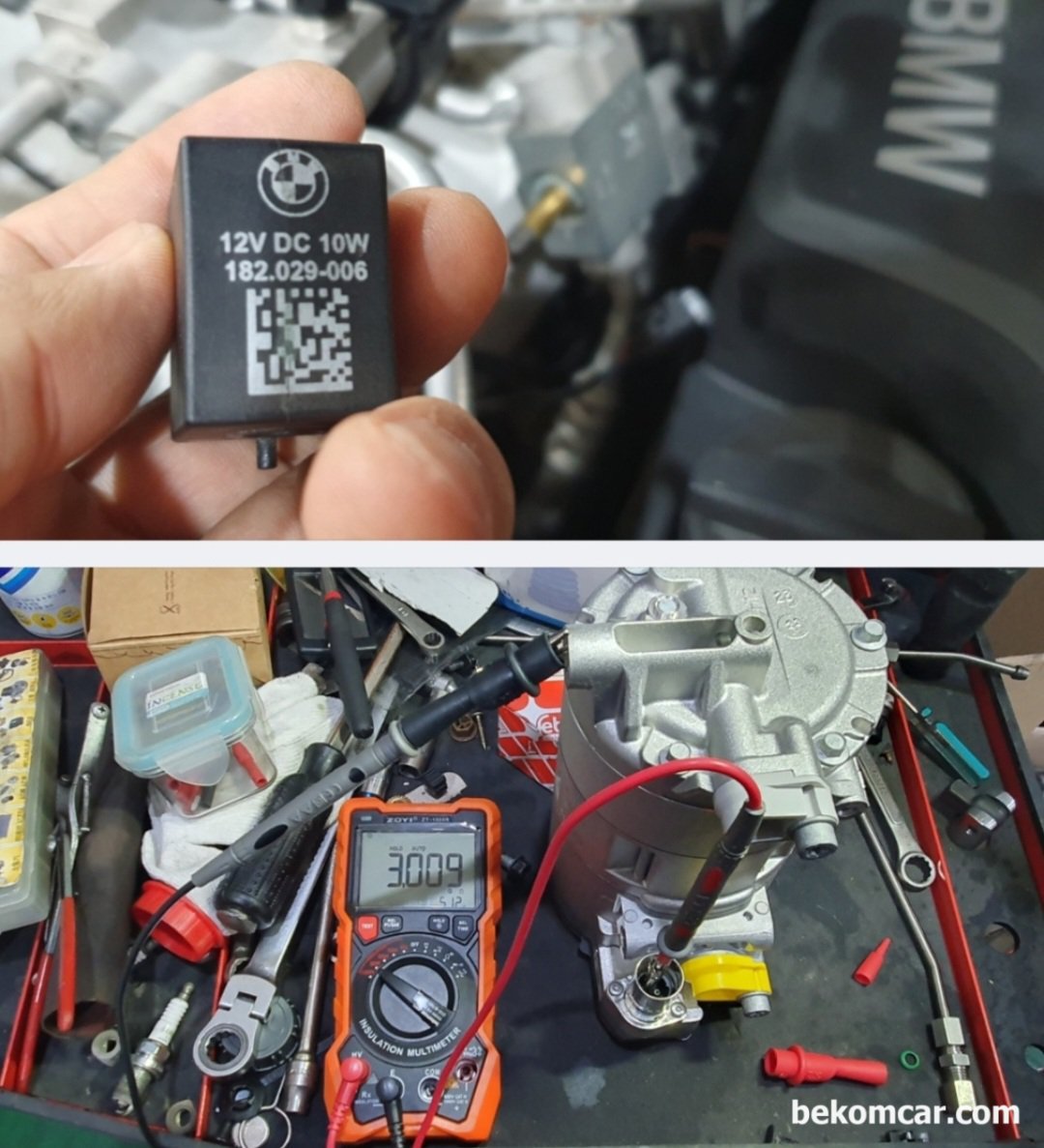 BMW X5 40E iPerformance 하이브리드 AC컴프레서 설치후 ECU 학습과정, 2018년 BMW X5 F15 N20 Xdrive iPerformane 하이브리드 차량의 AC컴프레서 Shut off 밸브이다. BMW SKU# 182.029-006 이다.12V 10W 규역으로 국산차량 부품과 전기적 스펙은 같은경우가 많다. 하지만 기구적인 측면에서는 크기에 차이가 있다. AC 컴프레서 신품은 장착하기 전에 미리 고전압절연상태를 측정해본다. 약 3.009G옴 정도가 측정되어, 고전압 절연상태가 매우 좋다. 안심하고 장착해도 좋다.|bekomcar.com