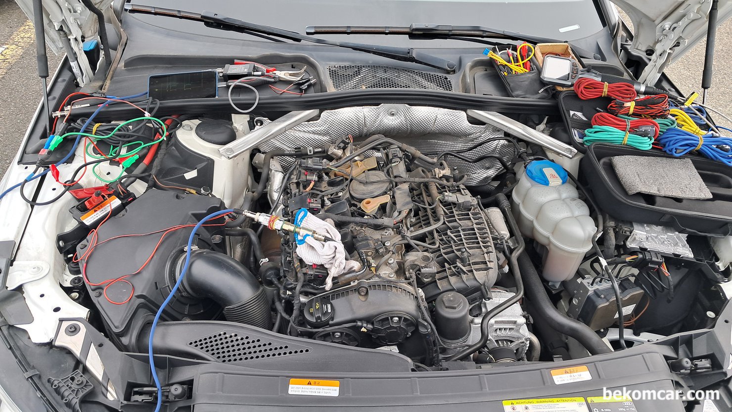 Audi A4 2016 EA888 GEN3 B9 Inspection Summary (Possible timing & head gasket leak), Tools used are HS512Max oscilloscope, PS16 in cylinder pressure transducer and other necessary probes and accessories. The focus on engine integrity and transmission shift and test drive experiences. Also, any structural damage and anything abnormal.|贝科姆汽车 (bekomcar)