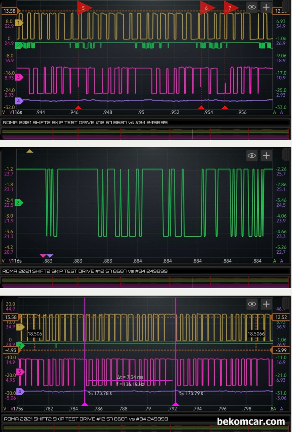 SHIFT SOLENOID VALVE SCOPE DATA ARCHIVE, FERRARI ROMA CASE STUDY, The current of about 650mA stays the same from the start and the point for the troubled solenoid valve. This differs significantly from the normal 5 & 7 shift solenoid current waveform.|ベコムカー (bekomcar)