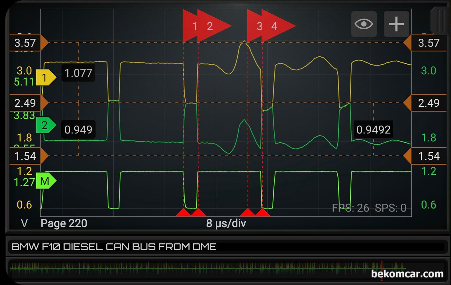 BMW DME에서 측정한 캔통신 파형에러중 CRC 에러파형, 베콤카 정비인 워크샵중 캔통신 파형 실습과정에서 측정된 캔 통신 CRC 에러 파형이다.  CAN H - CAN L 수학채널로 차동전압으 측정해본다. 수학채널을 이용하여 확인하면 깃발 2번부터 4번까지 Rising 파형이 없다. 정상이다. 차동전압만 보기 때문이다.|ベコムカー (bekomcar)
