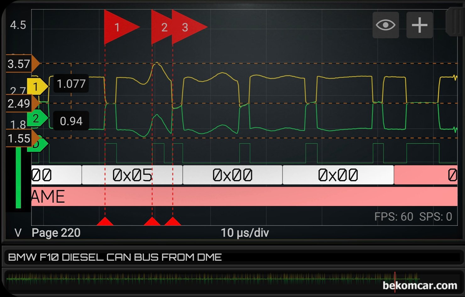 BMW DME에서 측정한 캔통신 파형에러중 CRC 에러파형, 베콤카 정비인 워크샵중 캔통신 파형 실습과정에서 측정된 캔 통신 CRC 에러 파형이다. 깃발 2번이  Rising으로 인식되고 있는데 사실은 Rising이 되면 안되는 영역이다. 원래는 3번 깃발까지 Rising 파형이 없어야 한다. 2번 깃발부분이 Dominant 가 되어야 하는데 Recessive 로 해석되는 오염된 파형이다. 바로  CRC 에러의 원인이다. 대부분 '원치않는 저항' 등이 원인이다.|ベコムカー (bekomcar)