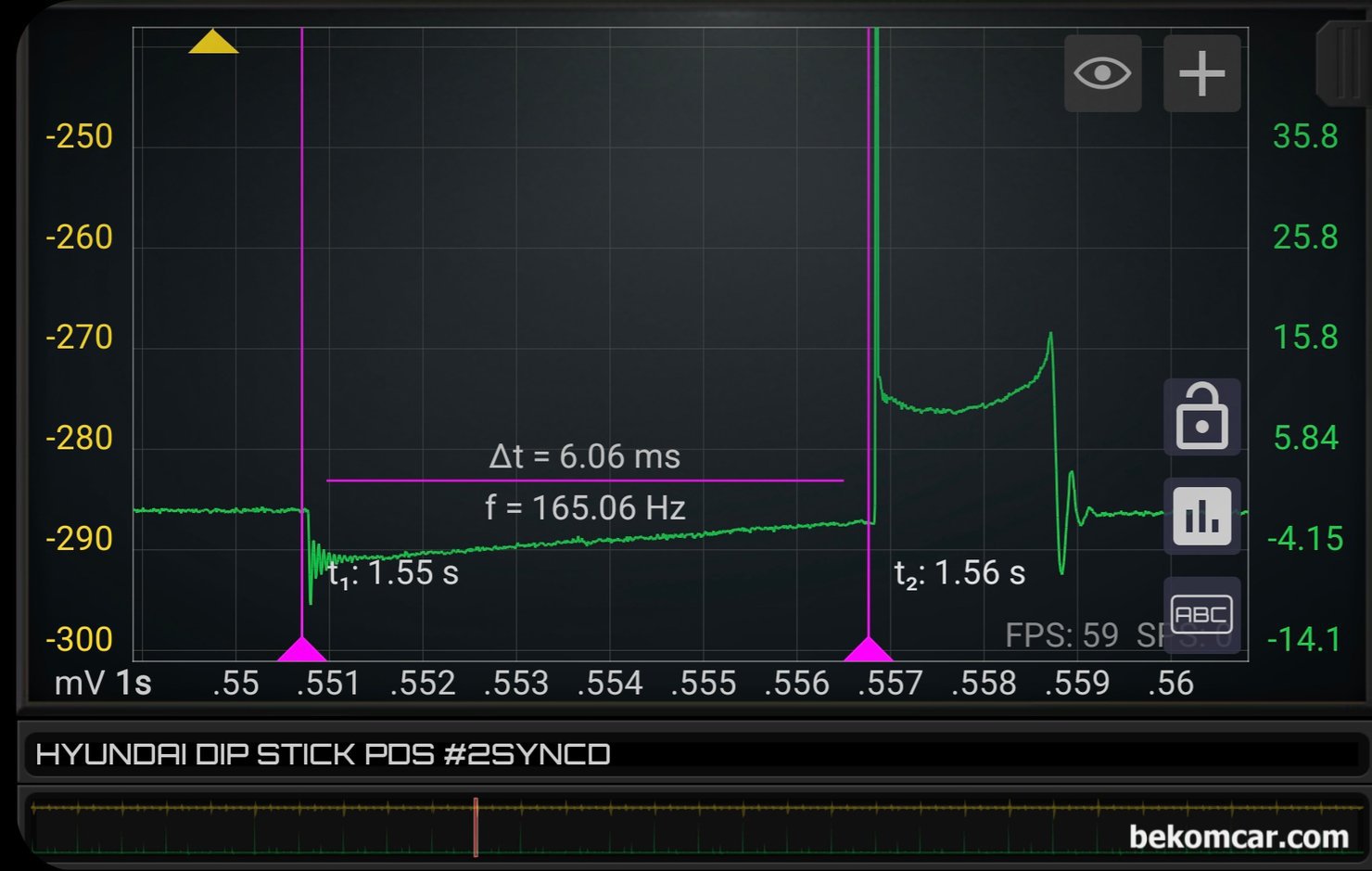 XG 점화파형 과 피스톤링 누설 파형측정 기록, 베콤카 정비인 워크샵과정, 점화2차 파형을 확대하여 살펴본다. 코일작동 구간 (Dwell time) 이 약 6.06ms 로 좀 긴편이다. 그리고 시작시 맥동도 확인된다. 이 파형이 의미기 있는것이 지금까지는 대부분 COP 방식의 점화코일에서 파형을 측정했으나, 이번에는 점화코일 와이어에서 점화 파형을 측정한 것이다. Waste Spark 점화 시스템이다.|bekomcar.com