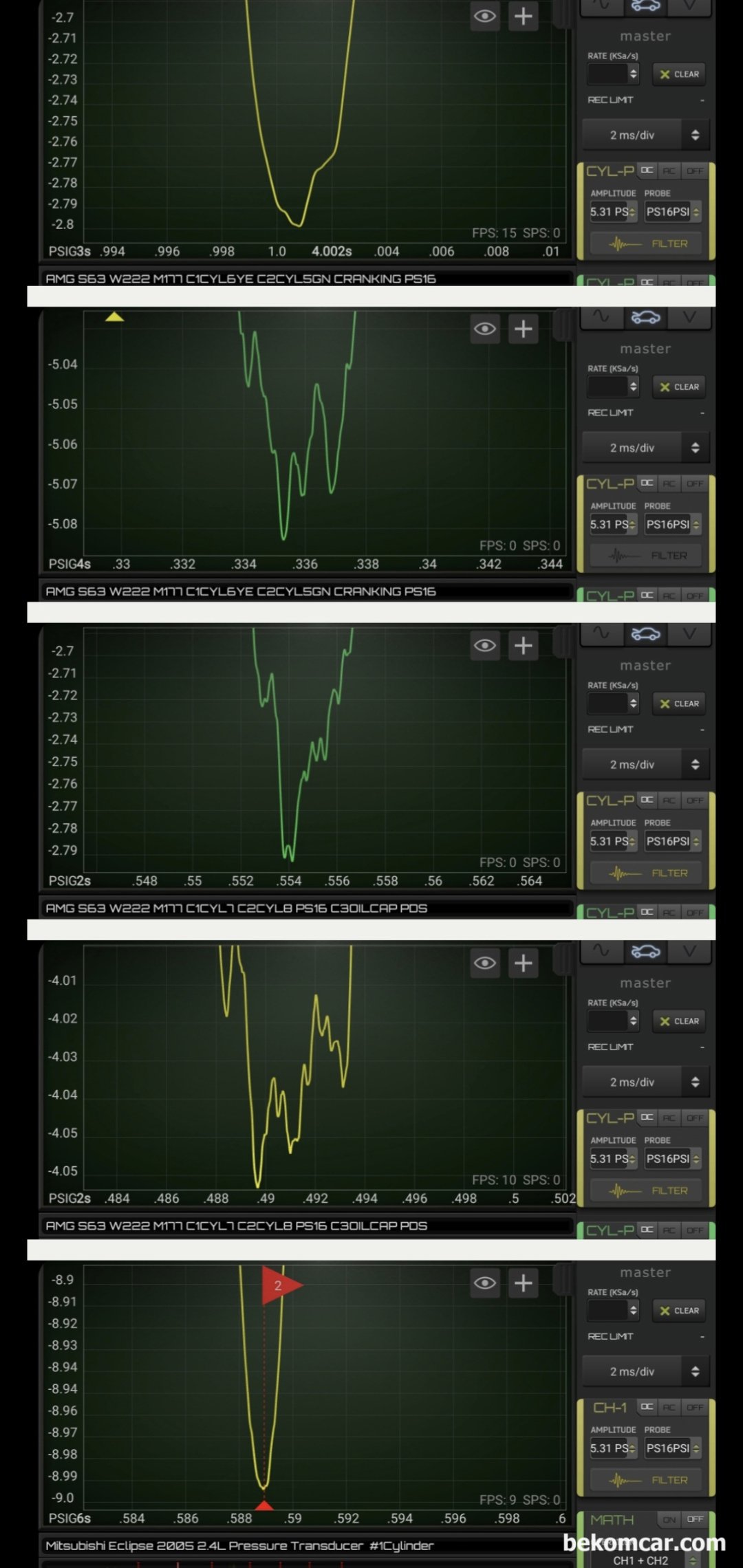 μs/DIV 까지 정밀진단 가능한 HS512Max HS514 오실로스코프 & PS16, 배기밸브열리는 (EVO) 시점의 실린더압축압력 파형이다. 엔진헤드 와 밸브시팅이 잘 되어 있는지 누설이 있는지 카본이 많이 쌓여 있는지 등 밸브시탕 상태 정밀 분석에 사용된다. 가장 아래부분 미쯔비시 이클립스 차량의 밸브시팅 부분 과 나머지 차량의 밸브시팅 부분 파형에 큰 차이가 있는것이 확인된다.|베콤카, 차량정밀진단