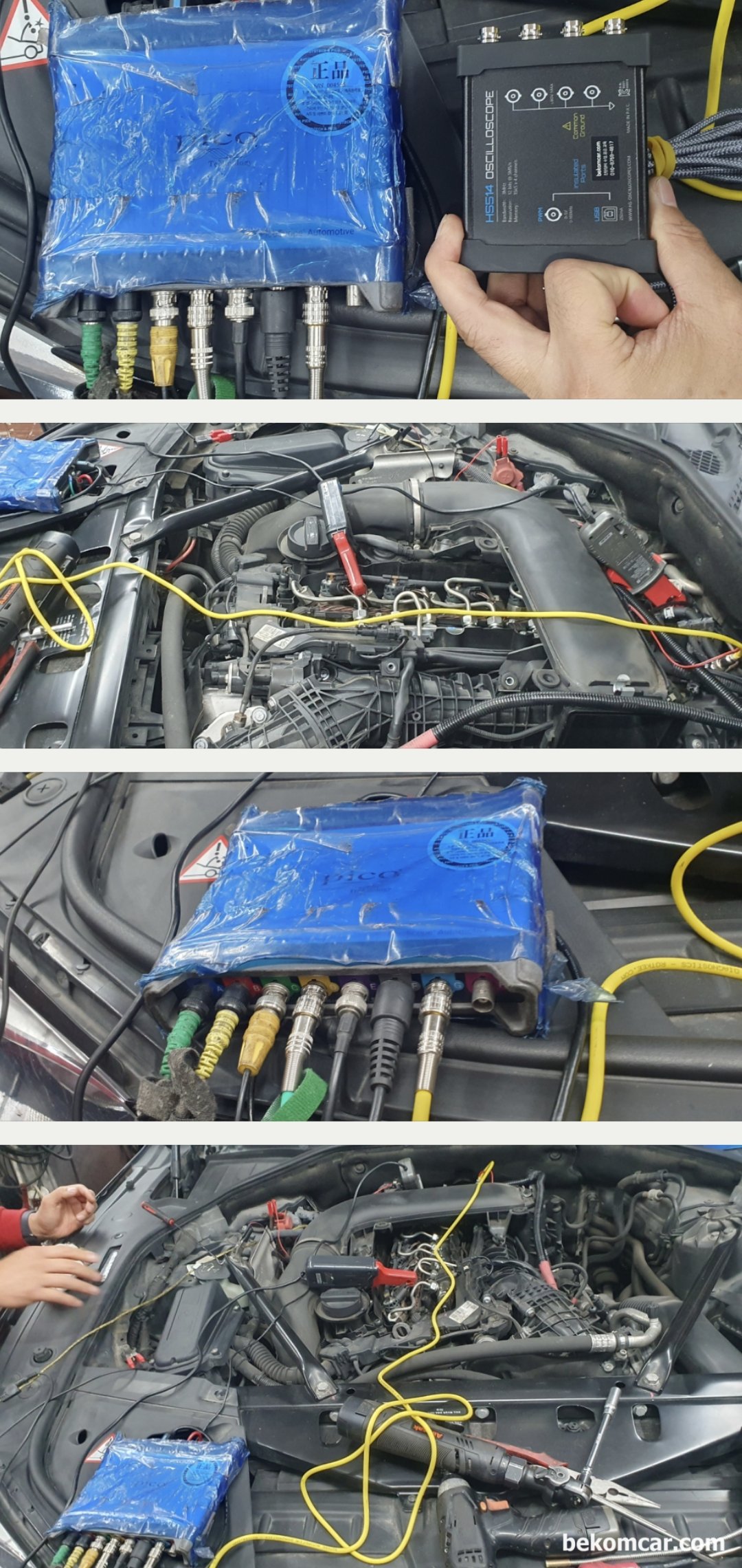 BMW F02 LCI 730Ld 디젤엔진 실린더압축압력 측정기록, 정비소 업무지원, 베콤카 고객 정비소에서 사용하는 피코 8채널 스코프에 ROTKEE CKD진동센서 와 PS100 실린더압력센서를 연결했다. 추가로 CKP & CMP 와 싱크채널 도 #1번 인젝터에 연결하여 파형 분석을 한다. 타이밍 체인 늘어진 것이 확인되었으니 소음의 출처는 정확히 결정하지는 못 했다. 다만 #6번 실린더 부분에서 소음이 강하다 는것은 확인되었다.|بيكومكار (bekomcar)