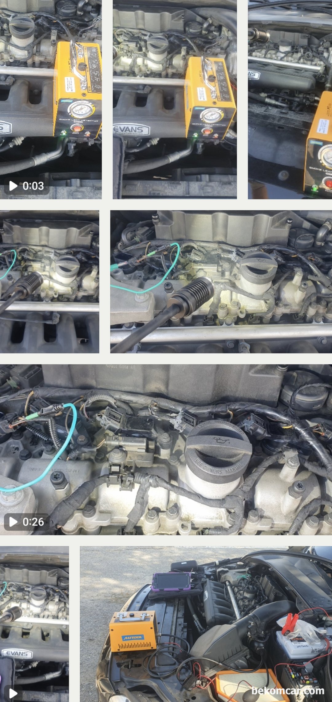 볼보 2014년형 S80T6 3.0L 트윈 스크롤 터보차량 P0171 공연비희박 진단.정비 기록, 볼보 2014년형 S80T6 3.0L 트윈 스크롤 터보차량 P0171 공연비희박 진단.정비 기록이다. 스모크 머신으로 공기 누설 테스팅을 한다. 엔진오일 캡 에서 공기누설이 확인되는 과정이다. 다른곳은 공기 누설이 없다.|ベコムカー (bekomcar)