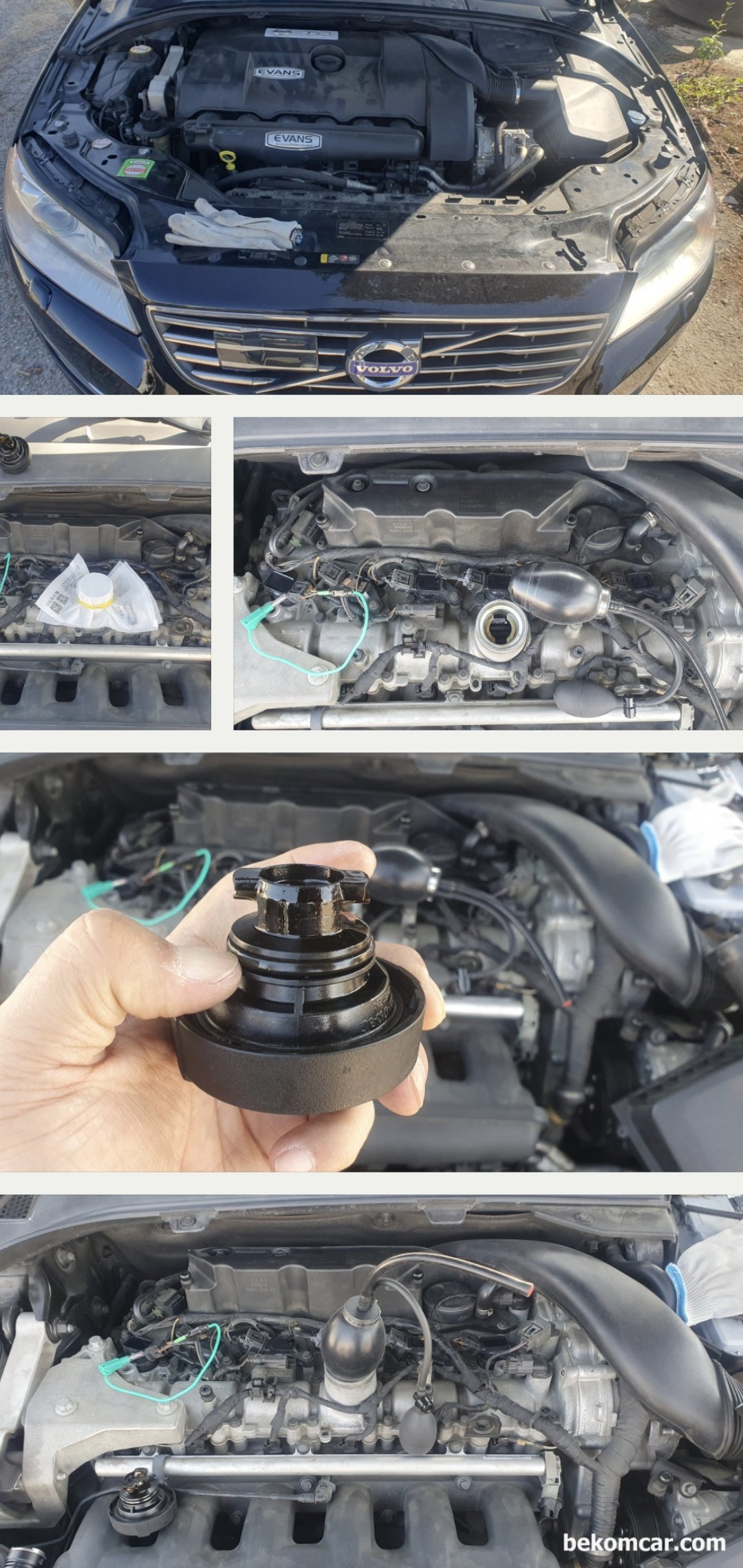볼보 2014년형 S80T6 3.0L 트윈 스크롤 터보차량 P0171 공연비희박 진단.정비 기록, 볼보 2014년형 S80T6 3.0L 트윈 스크롤 터보차량 P0171 공연비희박 진단.정비 기록이다. 엔진오일 캡 가스켓이 딱딱해지고 탄력이 없는 상태이다. 비닐로 밀봉하고 시동걸어 공연비 데이터를 확인하는 과정이다. 엔진오일 캡 막고 측정하니 공연비 데이터가 사실상 1.0%이내이다.|ベコムカー (bekomcar)